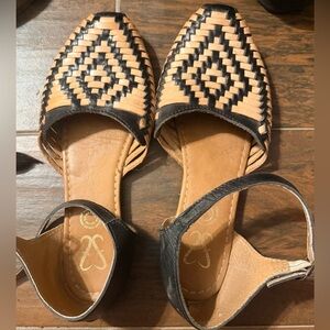 Hand Woven Black and Tan Ankle-Strap Women's Flats